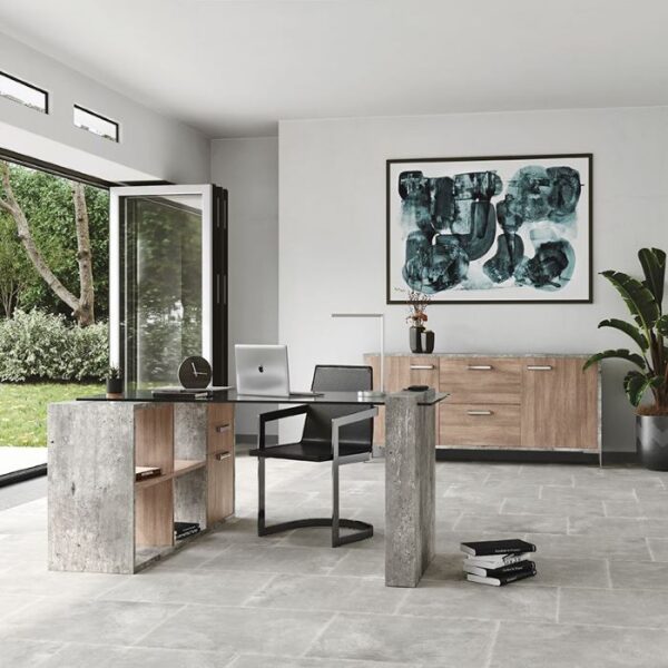 Brown Oak & Faux Concrete Office File Cabinet