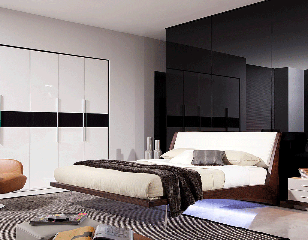 Queen Volterra Contemporary Brown Oak and White Floating Bed w/ Lights