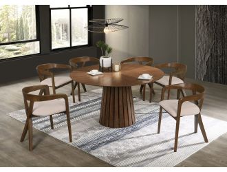 Weiss - Mid-Century Modern Walnut Round Dining Table + 6 Chair Set
