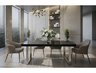 Skyline + Cora - Modern Black Crocodile + Grey Fabric & Leatherette Dining Set
