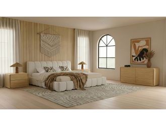Harris + Dustin - Modern Off-White Fabric + Natural Oak 4-Piece Bedroom Set