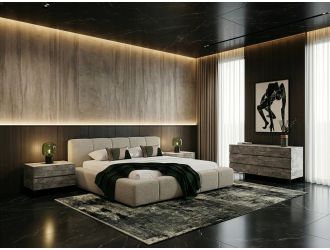 Lamont + Aria - Modern Beige Fabric + Grey Texture 4-Piece Bedroom Set