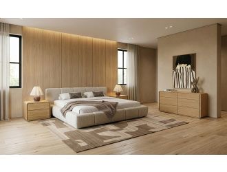 Lamont + Dustin - Modern Beige Fabric + Natural Oak 4-Piece Bedroom Set
