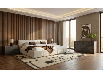 Lamont + Rado - Modern Beige Fabric + Walnut 4-Piece Bedroom Set