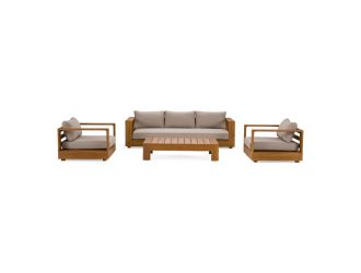 Santorini - Outdoor Brown Olefin Fabric + Natural Teak Sofa Set