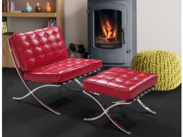 0364 - Modern Red Leather "X" Leg Chair & Ottoman w/ Crystals