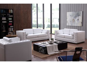 Dublin Modern White Leather Sofa Set w/ Buttons