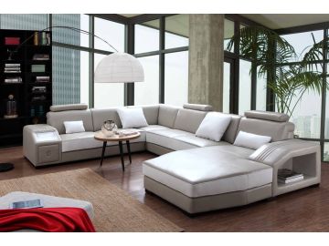 Charlie Modern Light Grey & White Leather Sectional Sofa & Ottoman
