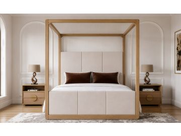 Sergio - Modern Beige Fabric + Natural Oak Canopy Bed