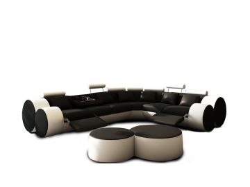 3087 - Modern Black and White Leather Sectional Sofa & Ottomans