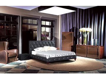 384 Neoclassical Black Bonded Leather Tufted Bed w/ Crystals