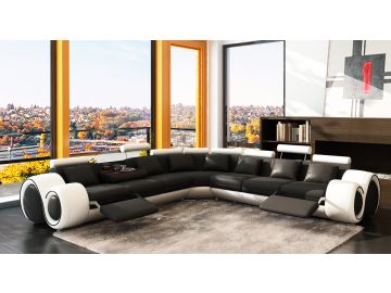 4087 - Modern Black + White Bonded Leather Sectional Sofa with Recliners