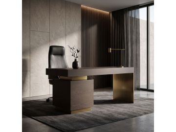 Trahan - Modern Grey Elm & Gold Office Desk