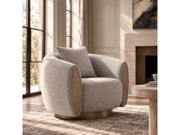 Glimpse - Modern White & Brown Fabric + Antique Brass Swivel Accent Chair
