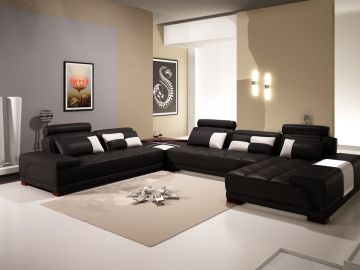 Phantom Contemporary Black Leather Sectional Sofa W/Ottoman
