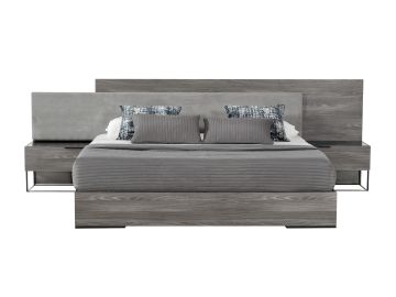 Enzo Italian Modern Grey Oak & Fabric Bed w/ Nightstands