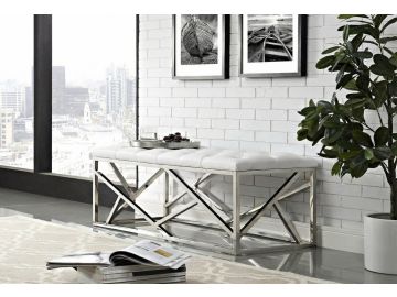 Lindsey Modern White Leatherette & Stainless Steel Bench