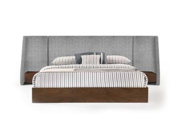 Janice - Modern Grey Fabric and Walnut Bed and Nightstands