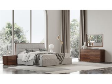 Dustin - Modern Grey Fabric & Walnut Trimmed Bedroom Set