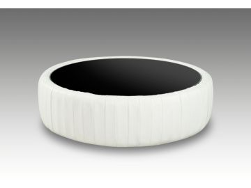 8053 Modern White Bonded Leather Round Coffee Table w/ Glass Top