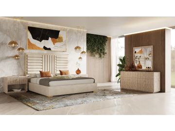 Daystar + Roma - Modern Beige Velvet + Travertine + Gold Bedroom Set