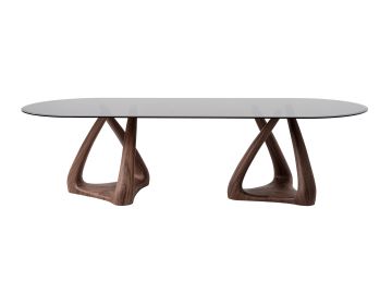 Christy - Mid-Century Modern Grey Glass + Walnut Oval Dining Table