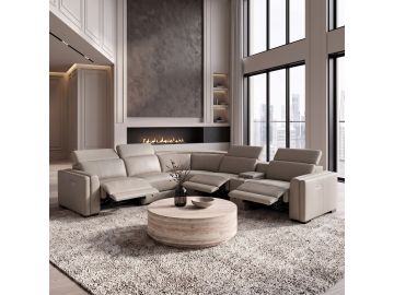 Frazier - Modern Light Grey Leather Sectional Sofa with 3 Recliners + Console