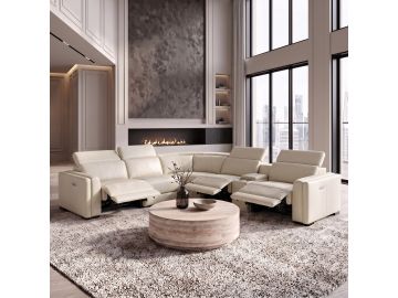 Frazier - Modern White Leather Sectional Sofa with 3 Recliners + Console