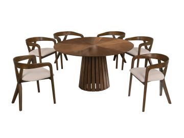 Weiss - Mid-Century Modern Walnut Round Dining Table + 6 Chair Set