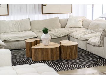 Matador - Modern Travertine Marble + Wood Freeform Coffee Table Set