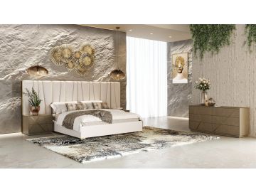 Nixa - Modern Beige Velvet + Brushed Bronze + Birch 4-Piece Bedroom Set