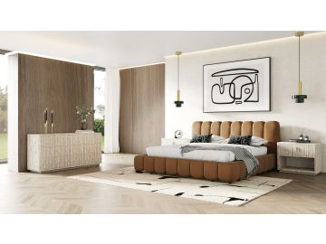 Harris + Roma - Modern Brown Fabric + Faux Travertine 4-Piece Bedroom Set