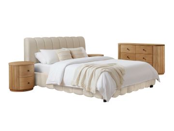 Harris + Jacobson - Modern Off-White Fabric + Natural Oak 4-Piece Bedroom Set