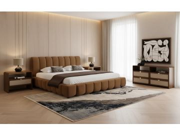 Harris + Emilio - Modern Brown Fabric + Burlap + Walnut 4-Piece Bedroom Set