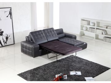 T225 Modern Black Leather Sectional w/ Pull-Out Sofa Bed