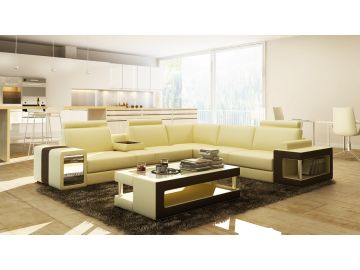 5080B Beige and Brown Leather Sectional Sofa w Coffee Table