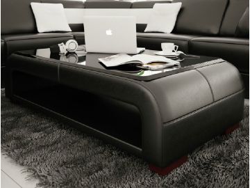 EV30 Modern Black Bonded Leather Coffee Table w/ Glass Top
