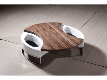 4G068A Modern Wood Veneer and White Round Coffee Table