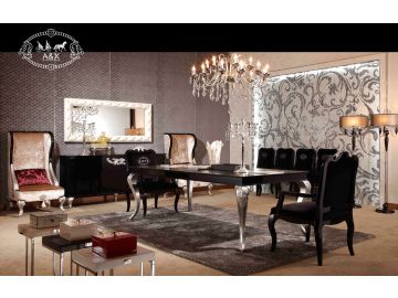 Ampir Transitional Large Black Crocodile Dining Table w/ Silver Legs