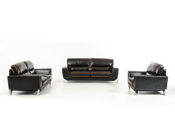 Barker Modern Black Leather w/ Orange Stitching Sofa Set
