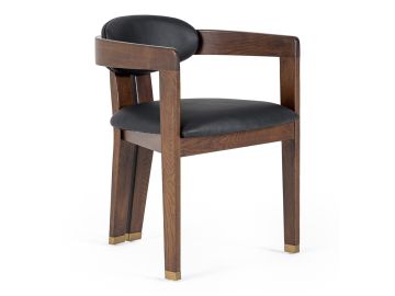 Belton - Modern Black Vegan Leather + Brown Oak Dining Chair