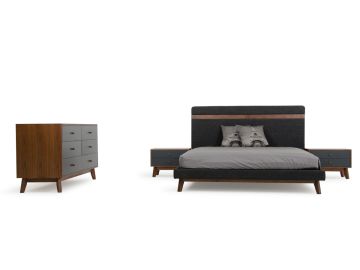 Dali Mid-Century Grey Fabric & Walnut Bed