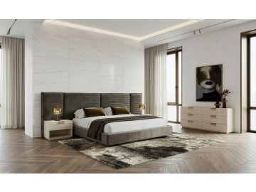 Breslow + Lago - Modern Dark Taupe Fabric + Faux Travertine 4-Piece Bedroom Set
