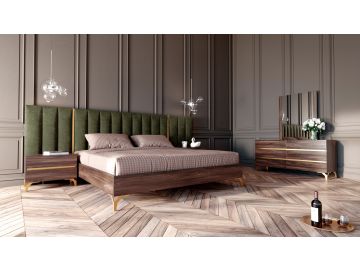 Calabria Modern Walnut & Green Velvet Bedroom Set