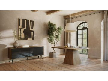 Cora- Modern Walnut and Black Tempered Glass Dining Table