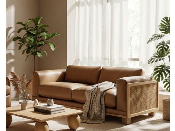 Danson - Modern Tan Leather + Wicker Sofa