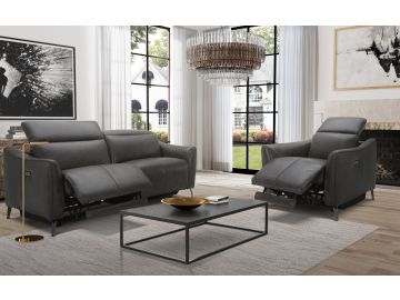 Prairie Modern Dark Grey Leather Dual Electric Loveseat with Electric Headrest