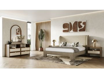 Emilio - Modern Beige Fabric + Burlap + Walnut 4-Piece Bedroom Set
