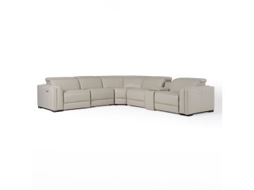 Frazier - Modern Light Grey Leather Sectional Sofa with 3 Recliners + Console