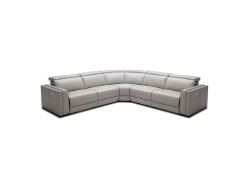 Frazier - Modern Light Grey Leather Sectional Sofa with 3 Recliners